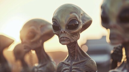A close-up view of several photo-realistic alien statues standing next to each other, appearing to make contact with each other in a mysterious and intriguing scene.