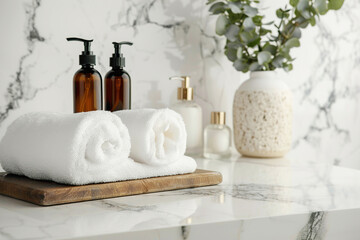 Fototapeta na wymiar Spa treatment accessories, towels and cosmetic bottles on marble table