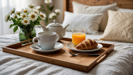 A hotel room breakfast tray with tea, orange juice, and a croissant, alongside a vase of daisies on a bed