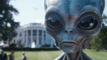A realistic Aliens (UFO) standing in front of a white house, symbolizing extraterrestrial contact and presence on Earth.
