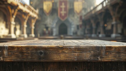 Witness the grandeur of a Medieval Wood Podium against a Knights' Jousting Tournament backdrop, perfect for historical displays. - obrazy, fototapety, plakaty