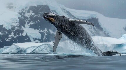 A humpback whale is energetically leaping out of the water, showcasing its massive body and tail in mid-air. The whales powerful movement creates a dramatic splash as it breaches the surface.
