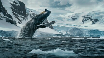 A humpback whale is leaping out of the water, showcasing its massive body and impressive strength in mid-air. The scene captures the whales powerful movement as it breaches the surface with water