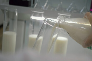 Milk in laboratory. Milk tests for laboratory tests.