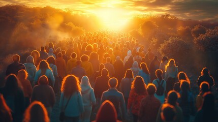 people walking to light, religion concept, rapture end of time, way to heaven, holy divide light shine at horizon, Generative Ai