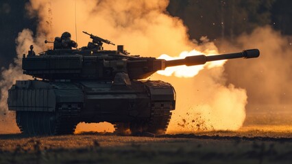 A tank with thick smoke billowing out of its exhaust pipe, displaying a commanding presence as it fires its cannon. The scene is filled with the mechanical roar and acrid scent of warfare.