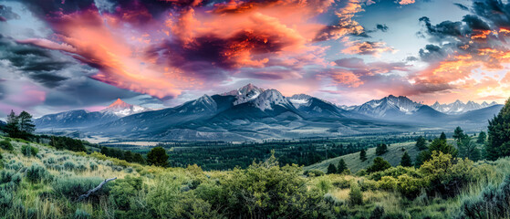 Majestic Peaks A Panoramic Mountain Display of Nature's Grandeur at Dusk Wallpaper Background Poster Digital Art