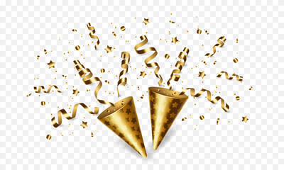 Vector exploding realistic golden party popper with gold ribbons and confetti. Decor for invitation, greeting card, banner for anniversary or birthday.