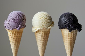 Artisanal ice cream scoops in a cone, with unique flavors like lavender and charcoal, vibrant against a minimalist background