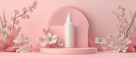 Fototapeta na wymiar Pink pastel cosmetic mockup. Banner with cream jar, container, serum bottle, flowers and leaf. Skin Care beauty concept. Showcase for product presentation. Ads background. Generative ai