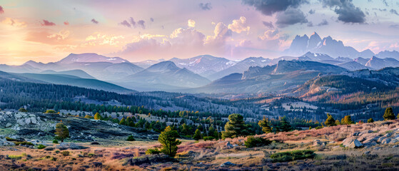 Naklejka premium Majestic Peaks A Panoramic Mountain Display of Nature's Grandeur at Dusk Wallpaper Background Poster Digital Art