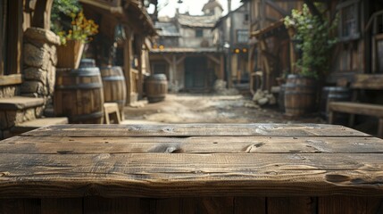 Rustic Barn Wood Podium, front view focus, with an Old Western Town Background, ideal for Americana decor product displays.