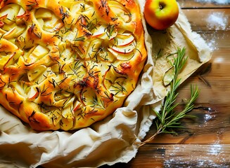 apple rosemary focaccia with thinly sliced apples - 764766974