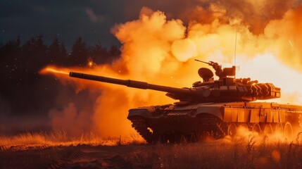 A powerful tank on the battlefield unleashing a torrent of fire from its weapon system. The flames engulf the surroundings, creating a scene of destruction and chaos.