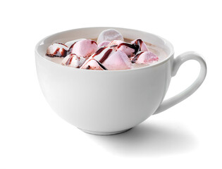 Hot cocoa drink with white and pink marshmallows and chocolate syrup