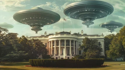 Abwaschbare Fototapete A white house is depicted with numerous Aliens (UFO) flying above it in a detailed, photo-realistic rendering. The aliens appear to be in motion, with various shapes and sizes visible in the sky. © Goinyk