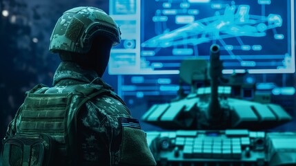 Soldier overlooking a holographic display of a military aircraft.
