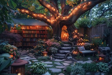 Vibrant literary tree dreamlike book haven high angle lush fantasy garden setting - obrazy, fototapety, plakaty
