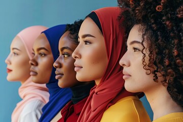 A diverse group of women wearing headscarves and scarves in various colors and patterns. Generative AI - obrazy, fototapety, plakaty