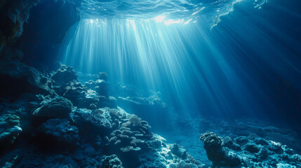 Obraz premium Underwater Serenity: Sunlight Piercing Through Ocean Depths