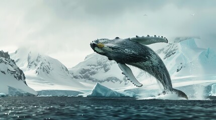 A powerful humpback whale is seen breaching out of the ocean, displaying its massive size and strength as it propels itself into the air before crashing back down into the water.