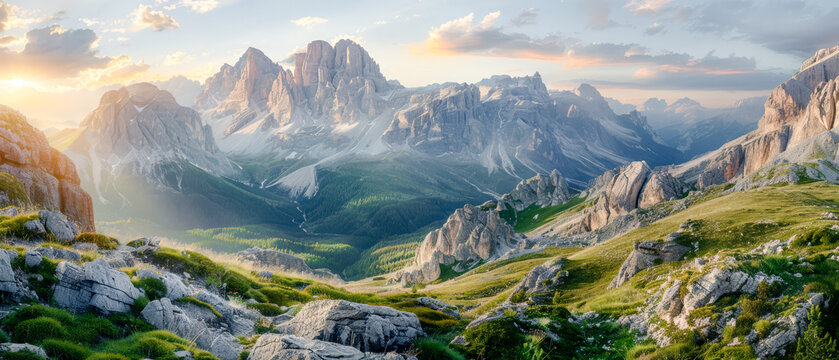 Majestic Peaks A Panoramic Mountain Display of Nature's Grandeur at Dusk Wallpaper Background Poster Digital Art