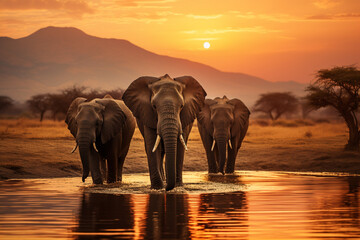 Majestic elephants, strong tusks, peacefully bathing in a crystal-clear watering hole framed by majestic mountains, as the sun sets over the savanna