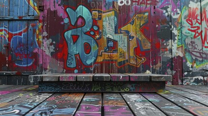 Vivid Graffiti Podium, front view focus, with an Urban Street Art Alley Background, ideal for contemporary art product displays