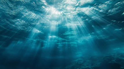 Fotobehang Underwater Serenity: Sunlight Piercing Through Ocean Depths © Farnaces