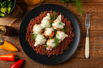 Salmon Meatballs with Red Rice.