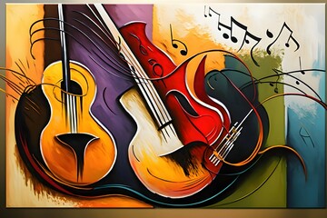 Abstract colorful music background with violin and notes. Oil painting style.