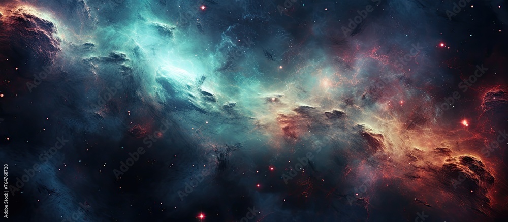 Poster A vibrant and colorful nebula filled with gases and dust particles, located in the vast expanse of deep space