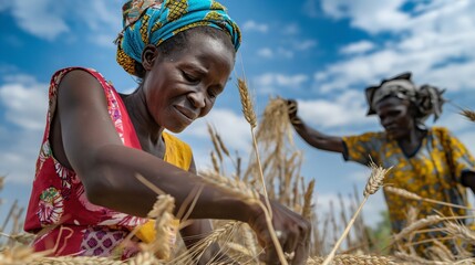 African women harvesting wheat by hand in a sunny field embodying the essence of manual agriculture work. - obrazy, fototapety, plakaty