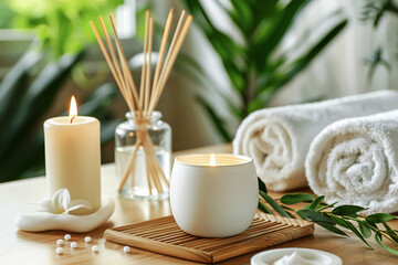 Fototapeta na wymiar Beautiful spa composition with candles and towels on wooden table