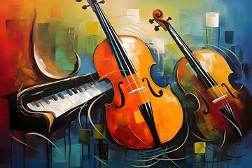 abstract color painting of violin and bow on background