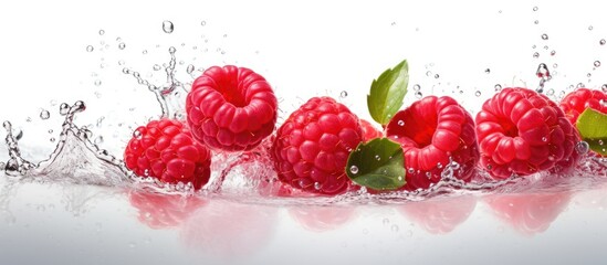 A detailed shot capturing the moment raspberries are being dropped into water, accompanied by a green leaf floating alongside.