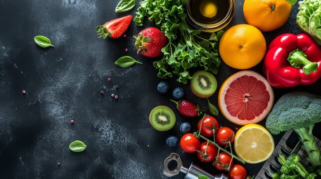 Healthy lifestyle concept with fresh fruits and vegetables with space for text on a dark background
