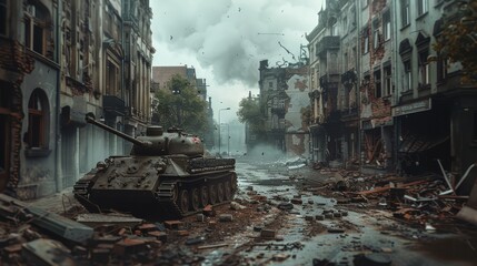 A tank sits in the center of a destroyed street, showing signs of warfare and destruction. The scene illustrates the aftermath of conflict, with debris scattered across the area.