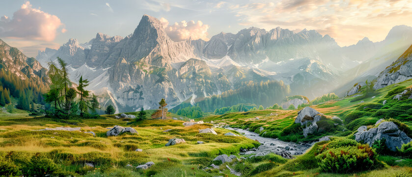 Majestic Peaks A Panoramic Mountain Display of Nature's Grandeur at Dusk Wallpaper Background Digital Art Poster