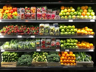 Fresh fruits and vegetables on supermarket shelves