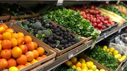 Obraz premium Fresh fruits and vegetables on supermarket shelves with colorful grocery display