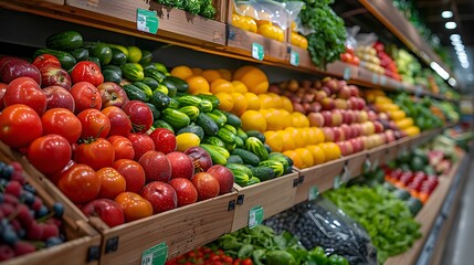 Obraz premium Fresh fruits and vegetables on supermarket shelves with colorful grocery display
