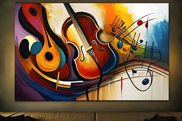 Musical background with violins and notes on the wall. Vector illustration.