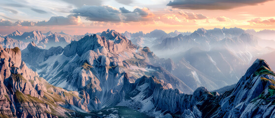 Obraz premium Majestic Peaks A Panoramic Mountain Display of Nature's Grandeur at Dusk Wallpaper Background Digital Art Poster
