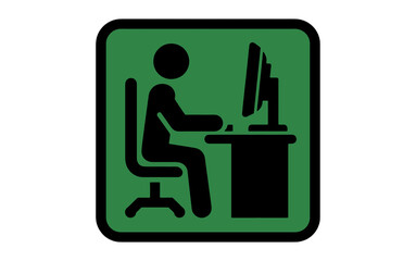 Person working at computer icon sign. Person at computer icon. Office job icon sign. Green.