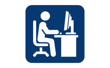 Person working at computer icon sign. Person at computer icon. Office job icon sign. Blue.