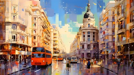 Digital painting of a city street with high-rise buildings and a tram - obrazy, fototapety, plakaty