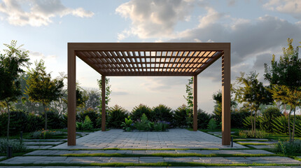 bioclimatic pergola, cloudy sky setting, grass around, with almost no elements around, front view, regular lamellas