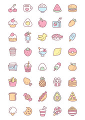 Kawaii food icon set. Collection of cute hand drawn food stickers isolated on a white background. Vector 10 EPS.
