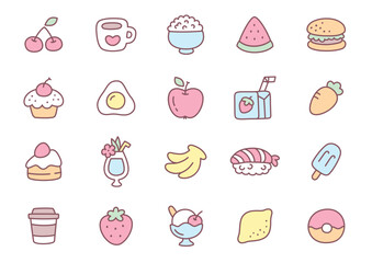 Kawaii food icon set. Collection of cute hand drawn food stickers isolated on a white background. Vector 10 EPS.

